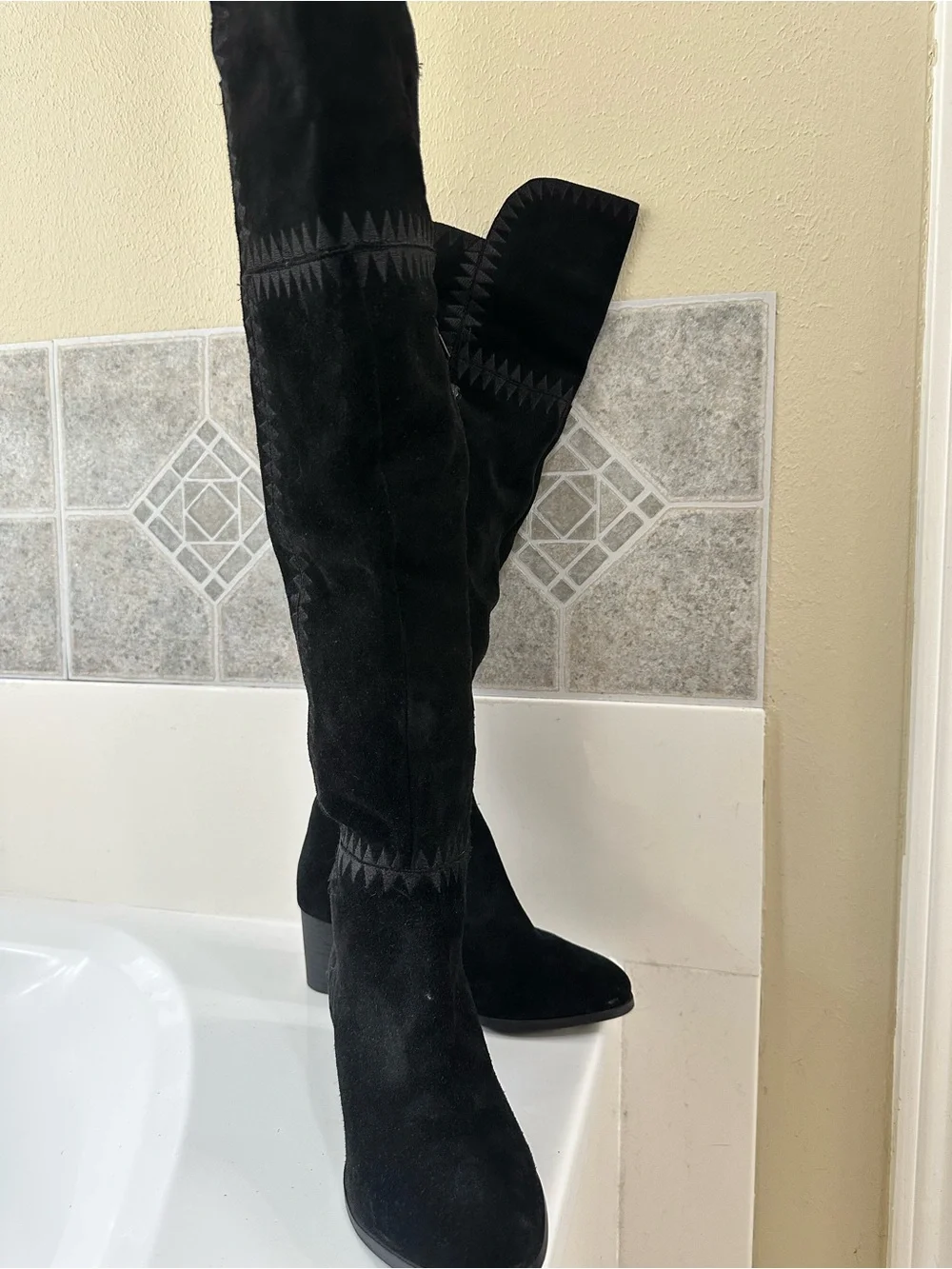 Matisse Black Suede Over-the-Knee Boots with Geometric Stitching